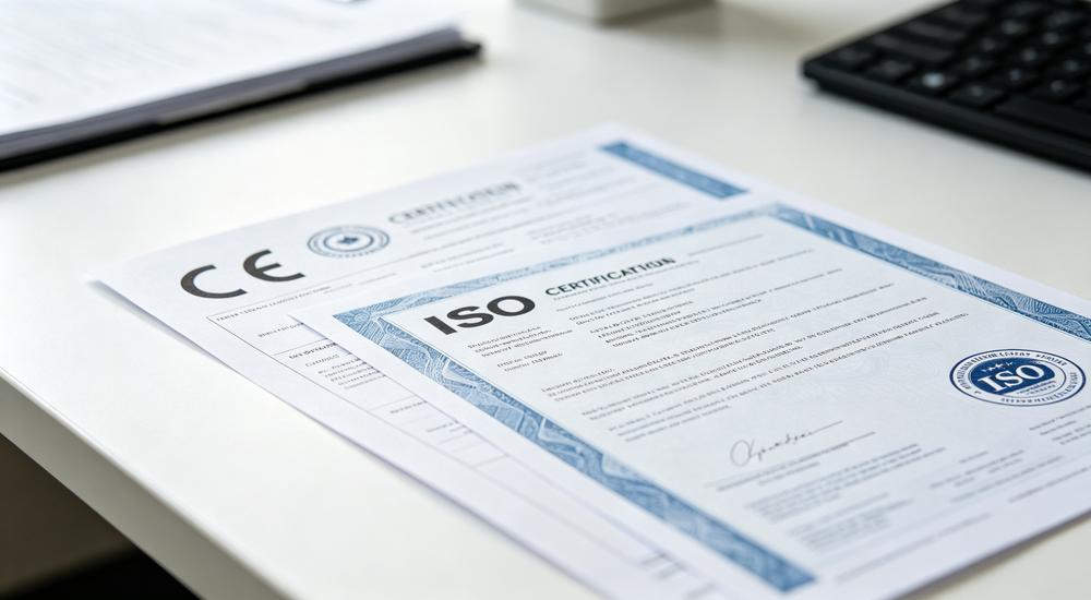 Close-up of CE and ISO certification documents lying on a clean white office desk with keyboard visible in background under natural daylight