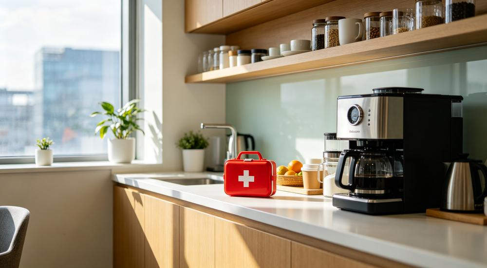 Bright modern office break room with small red first aid kit on wooden counter near coffee machine and window with city view