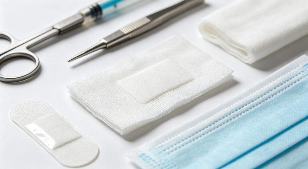 Close-up product shot of sterile gauze bandage scissors tweezers and blue surgical mask arranged on white surface
