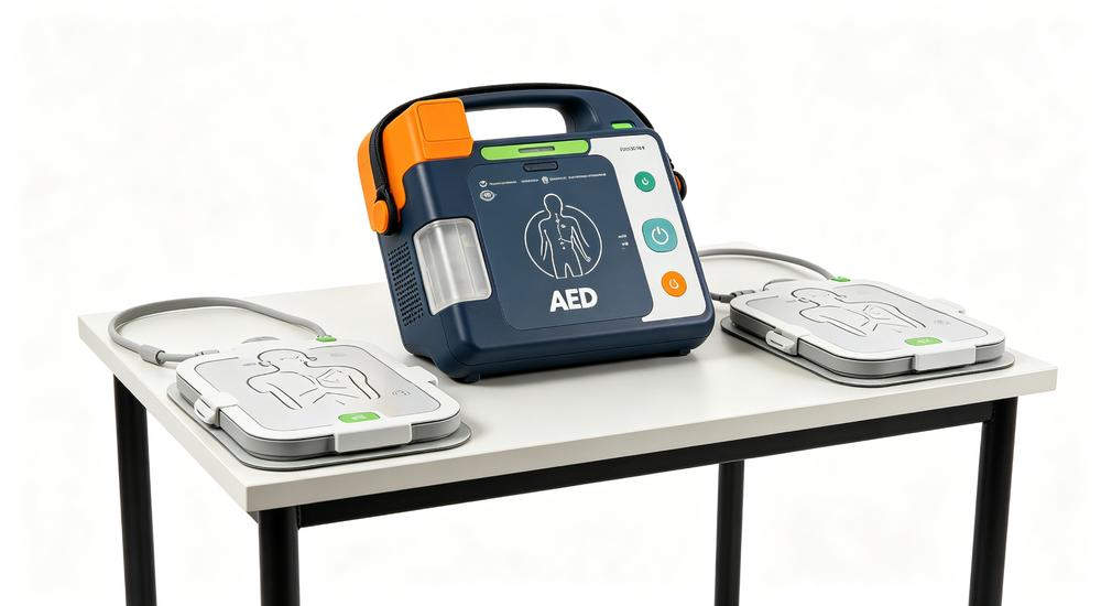 Clean product shot of orange and gray AED device with electrode pads placed on small white table against white background