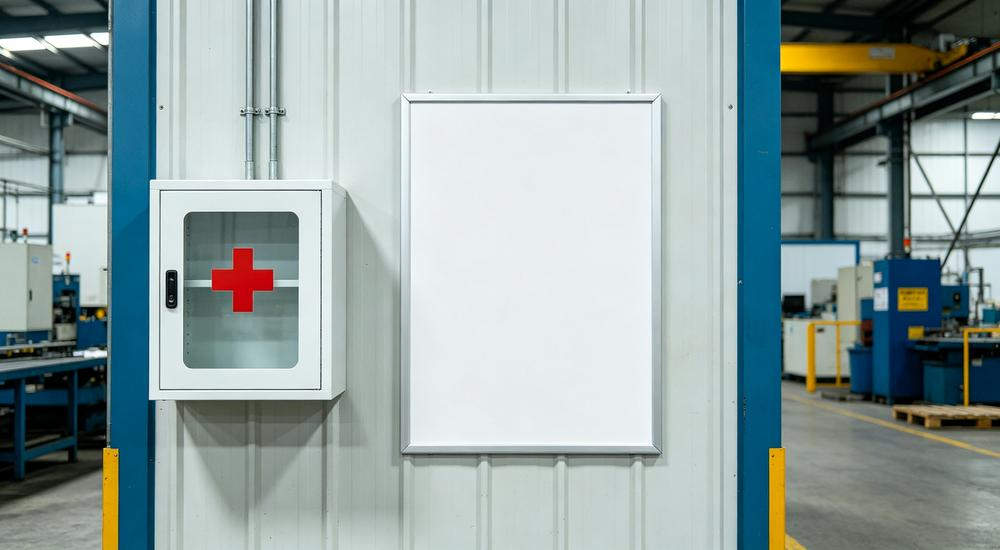 Factory interior shot of white wall cabinet next to blank white safety poster board on corrugated metal wall