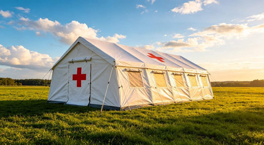 Stunning wide angle hero photo of large premium white emergency relief tent with red cross logo fully set up on lush green grass field under brilliant blue sky with fluffy white clouds, warm golden sunlight illuminating waterproof fabric