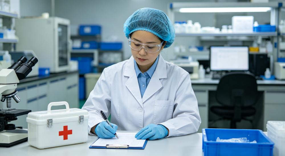Lab shot of female QC inspector in white coat and blue hairnet checking first aid kit on clipboard in bright laboratory