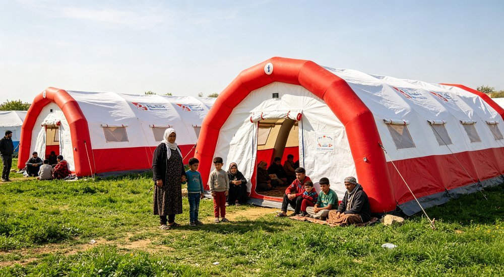 Refugee shelter camp with rows of red and white inflatable tents, humanitarian emergency accommodation for displaced families, documentary photography for humanitarian relief shelter procurement with professional quality standards