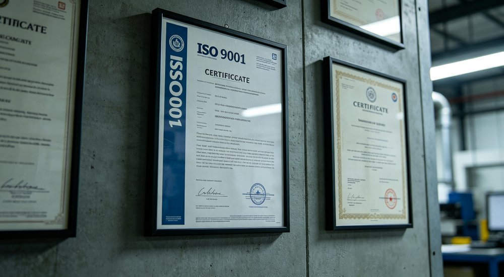 ISO 9001 certification documents displayed on office wall, quality management system certification for humanitarian shelter manufacturer, professional business photography for humanitarian relief shelter procurement with professional quality standards