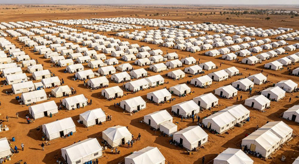 wide aerial view of humanitarian relief camp with hundreds of tents, professional product photography, blue sky background, designed for emergency response and disaster relief