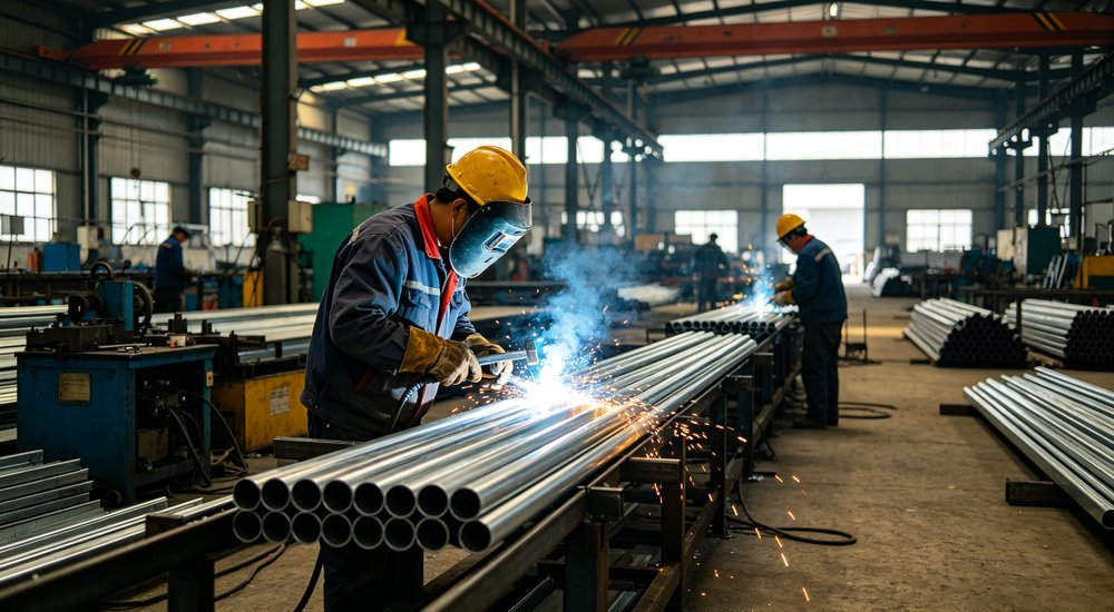 Factory production line workers welding steel tent frames in manufacturing facility, humanitarian relief tent production process with quality control, industrial manufacturing photography