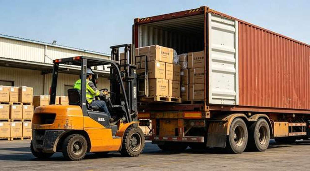 Forklift loading packed tent cartons into shipping container at warehouse, professional OEM export logistics, professional product photography, blue sky background