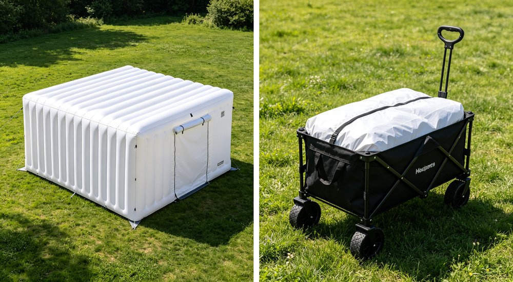 Inflatable tent packed into compact storage bag next to frame tent bulky poles, size comparison, product shot red and white inflatable emergency shelter for disaster relief operations