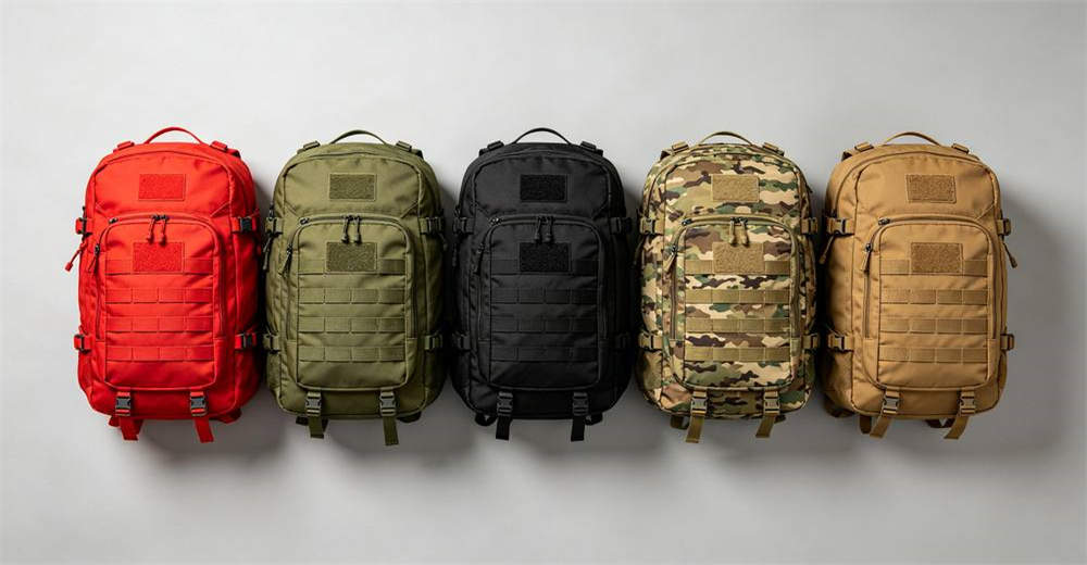 Top down collection of five tactical emergency backpacks in red olive green black camouflage and coyote tan arranged side by side on neutral background