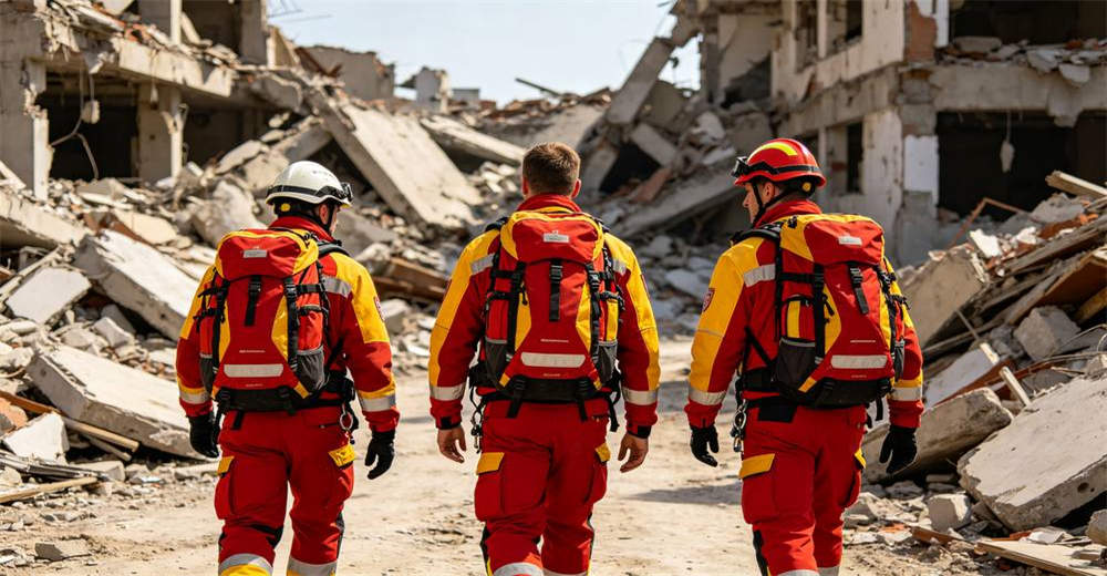 Wide shot three rescue workers in red and yellow uniforms wearing emergency backpacks walking toward rubble disaster zone