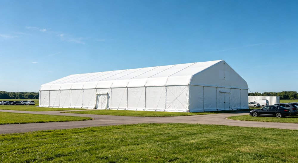 Inflatable medical tent deployed on grass field with guy ropes and anchoring, blue sky red and white inflatable emergency shelter for disaster relief operations