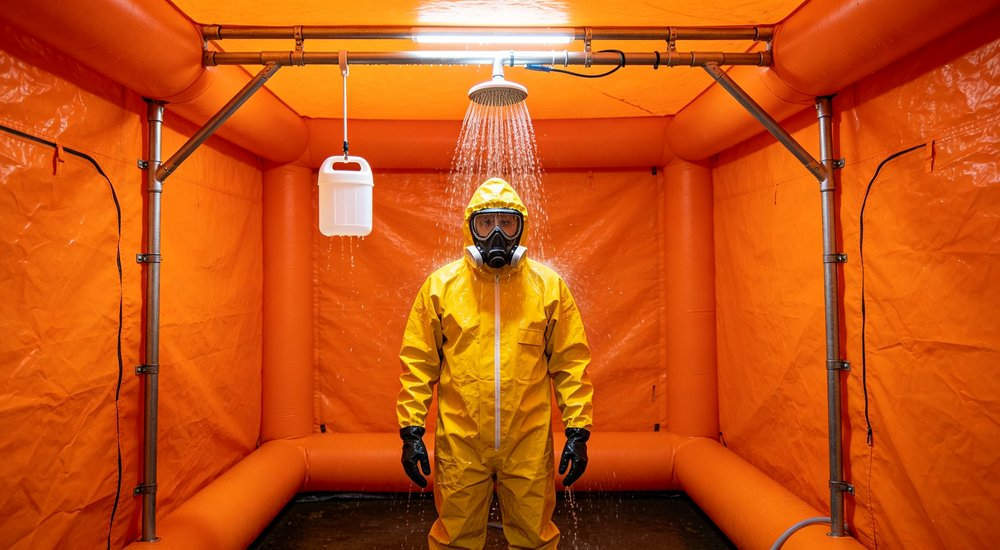 Shower lane inside inflatable decontamination tent with simple shower heads, workers decontaminating, bright interior red and white inflatable emergency shelter for disaster relief operations