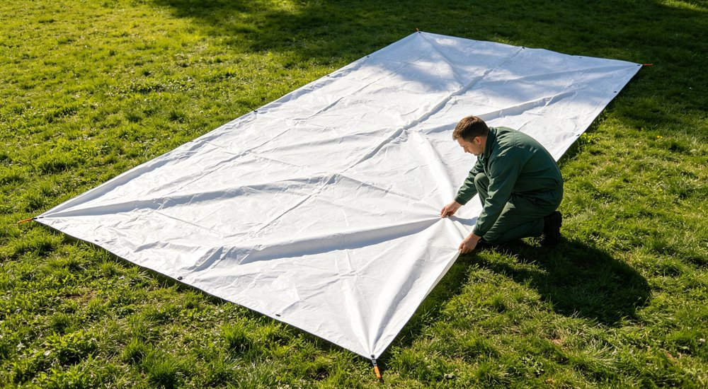 Tent drying after decontamination use, worker hanging PVC fabric in sun, bright daylight red and white inflatable emergency shelter for disaster relief operations