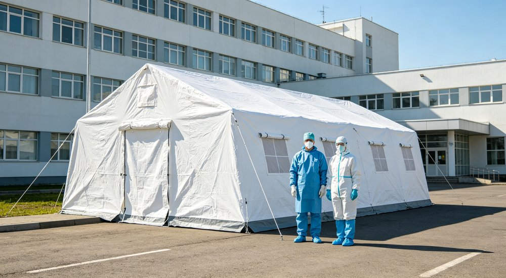 Hospital exterior with inflatable isolation tents set up outside, green grass, blue sky red and white inflatable emergency shelter for disaster relief operations