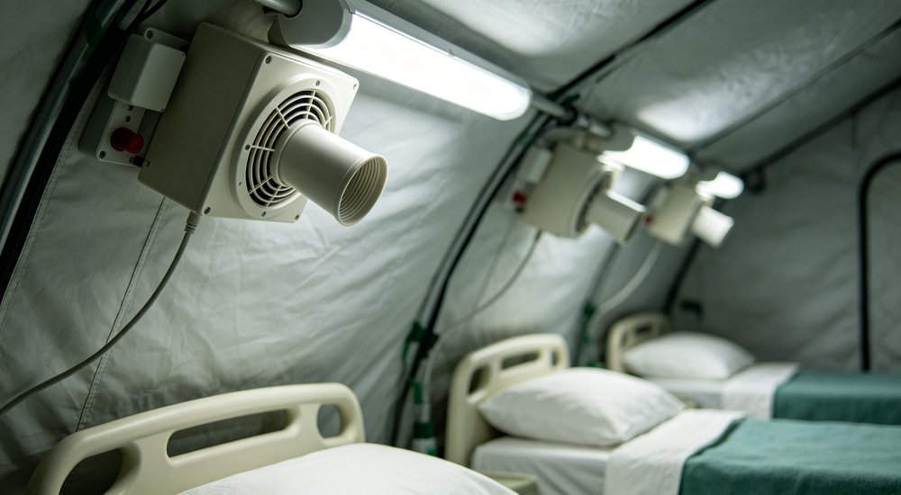 Individual ventilation vent on inflatable isolation tent wall, close-up of air outlet, bright lighting red and white inflatable emergency shelter for disaster relief operations