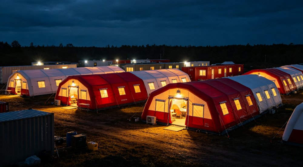 Night operation of modular inflatable tent camp with interior lighting, workers on duty red and white inflatable emergency shelter for disaster relief operations
