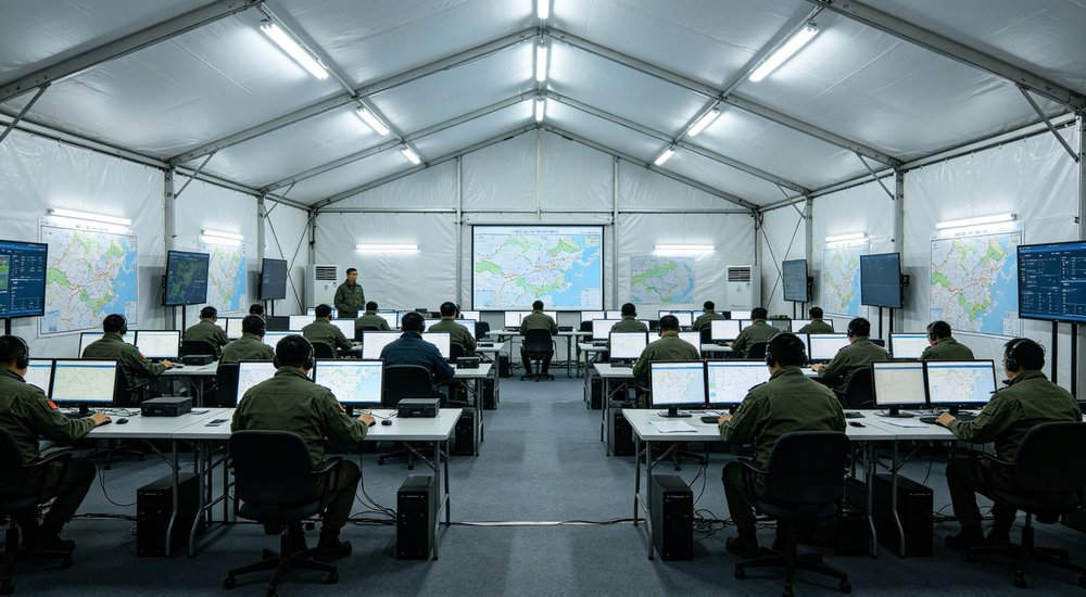 Command center module of modular inflatable tent system with desks and equipment, bright interior red and white inflatable emergency shelter for disaster relief operations