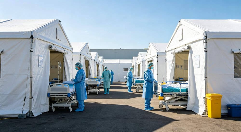 Pandemic expansion with modular inflatable tent system adding isolation modules, green grass red and white inflatable emergency shelter for disaster relief operations