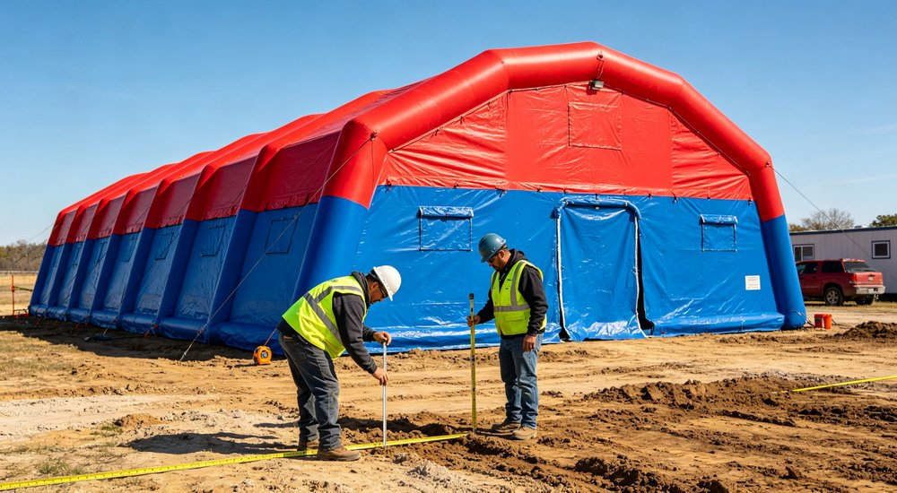 Site selection for inflatable medical tent showing workers evaluating ground location, green grass, blue sky red and white inflatable emergency shelter for disaster relief operations