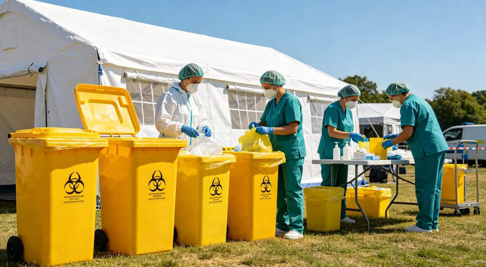 Medical waste disposal inside inflatable tent, biohazard bag and waste container red and white inflatable emergency shelter for disaster relief operations