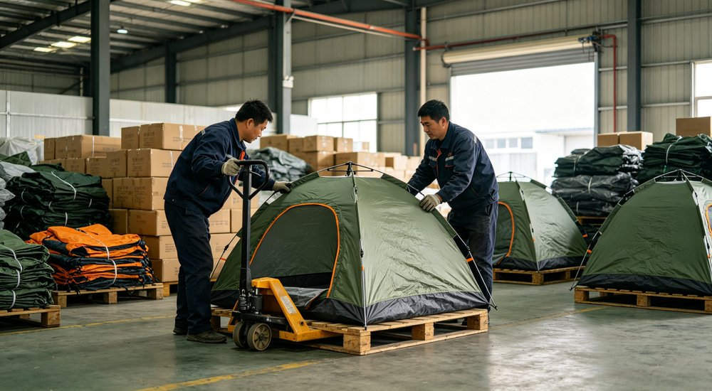 Warehouse quality control of inflatable medical tents showing Asian female inspector checking product, bright lighting red and white inflatable emergency shelter for disaster relief operations