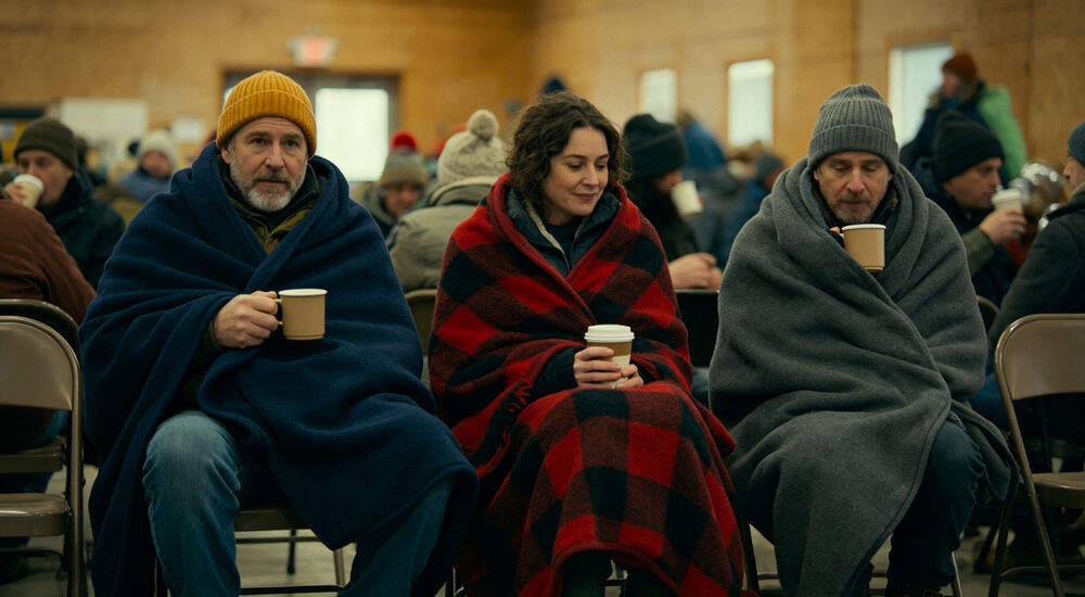 People in a warming center wrapped in thick cozy fleece blankets drinking hot drinks, bulk relief blankets in use