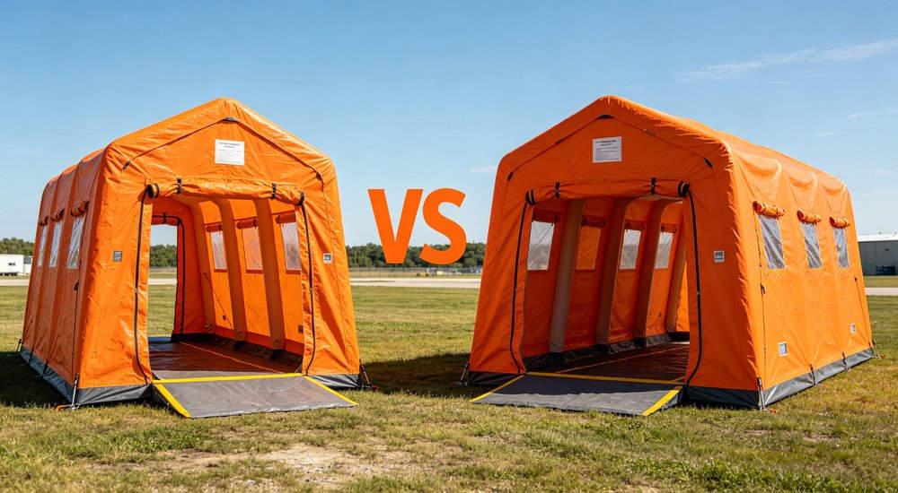 Lane comparison table showing single vs dual vs multi lane specifications, product comparison layout red and white inflatable emergency tent for disaster relief operations