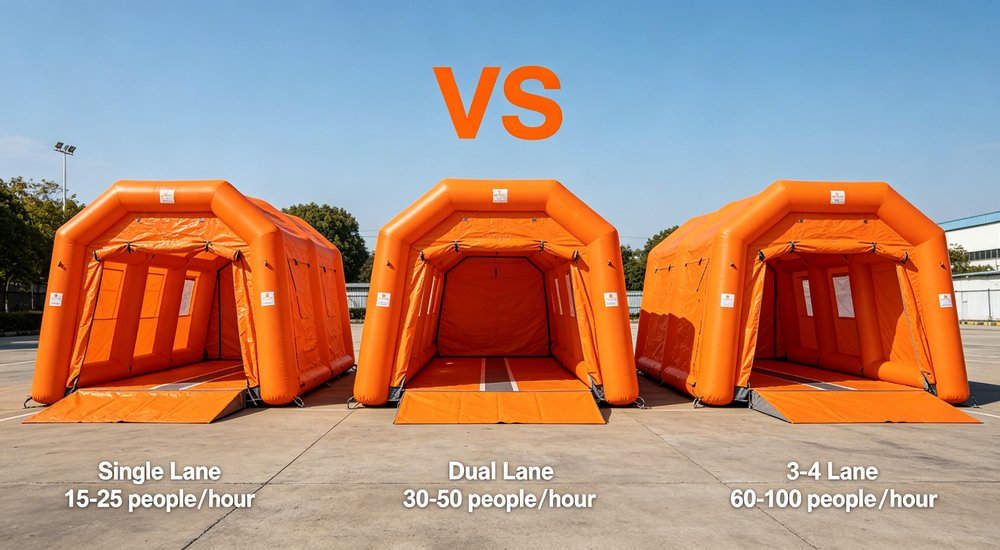 Single lane vs dual lane inflatable decon tent comparison, side by side, green grass red and white inflatable emergency shelter for disaster relief operations
