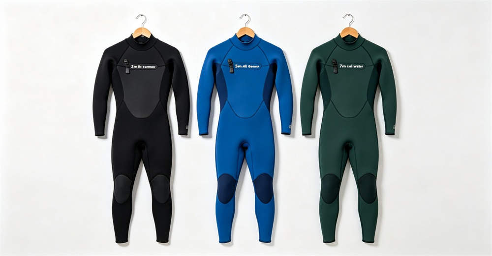 Three neoprene wetsuit thicknesses displayed: 3mm thin summer, 5mm all-season, and 7mm cold water wetsuits with specification labels. with detailed specifications for wholesale bulk order and custom OEM supply