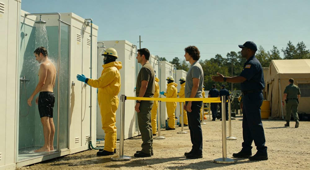 Mass casualty decontamination with inflatable tent, multiple workers, green grass red and white inflatable emergency shelter for disaster relief operations