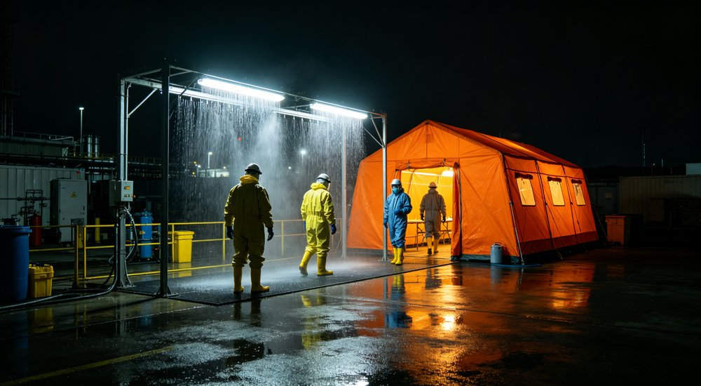 Night operation of inflatable decon tent with interior lighting, workers on duty red and white inflatable emergency shelter for disaster relief operations