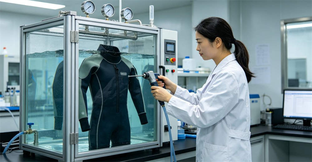 Laboratory technician in white coat testing dry suit material under water pressure to verify waterproof rating and quality standards. demonstrating quality control and compliance with international safety standards