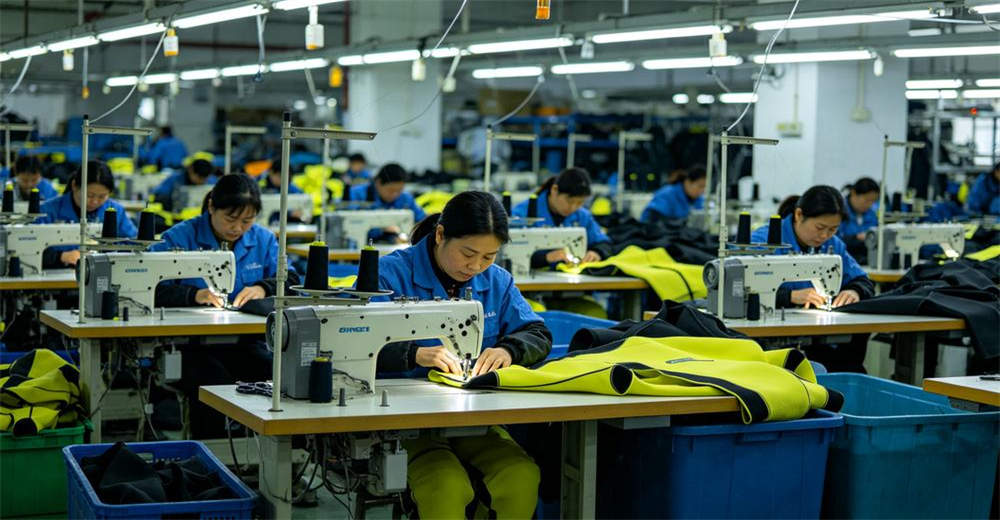 Production line with workers assembling dry suits showing quality control process, seam sealing, and final inspection before packaging. demonstrating quality control and compliance with international safety standards
