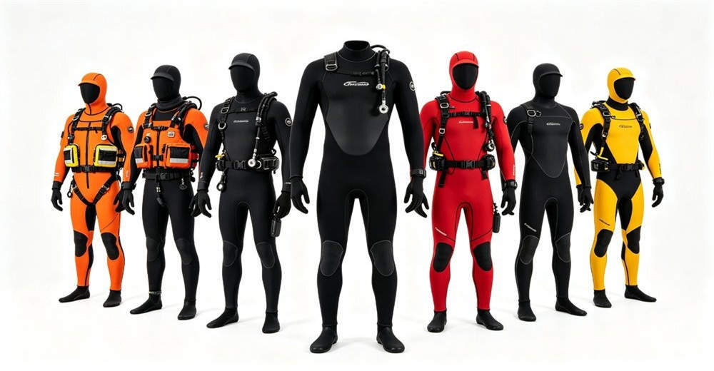 Full product family collection of dry suits and neoprene wetsuits including rescue, diving, and commercial models arranged for display. with detailed specifications for wholesale bulk order and custom OEM supply