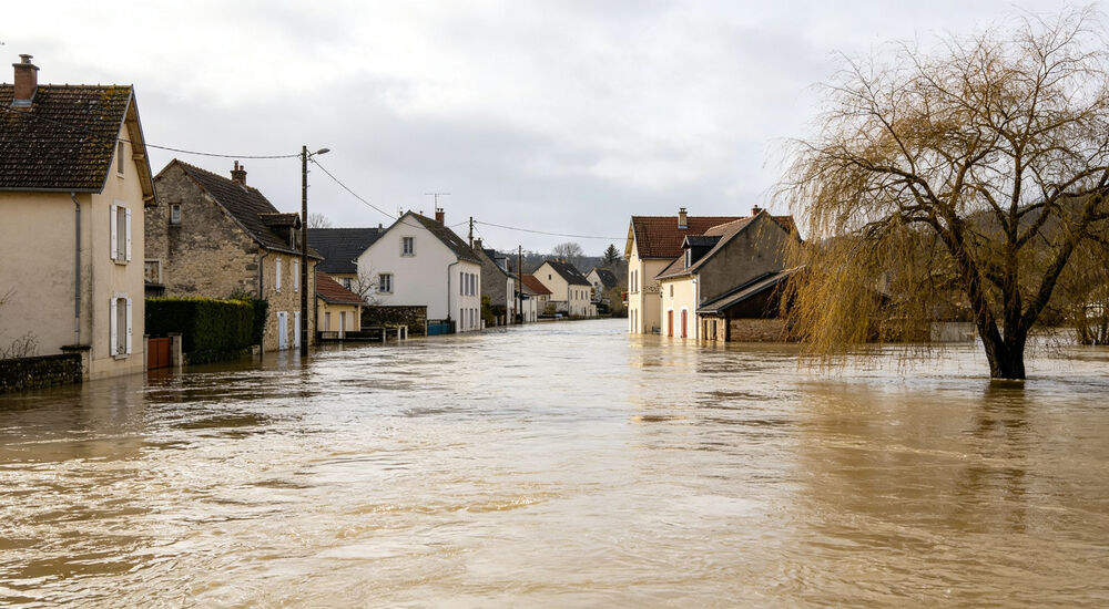 River flood overflowing banks covering a small town street with houses partially submerged