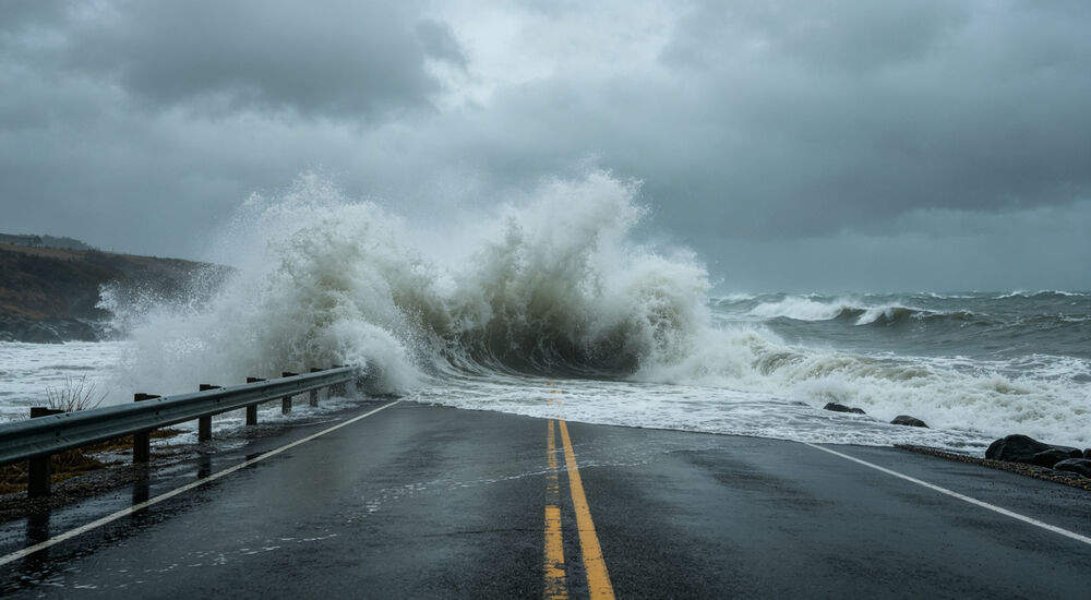 Hurricane storm surge waves crashing over coastal road during storm