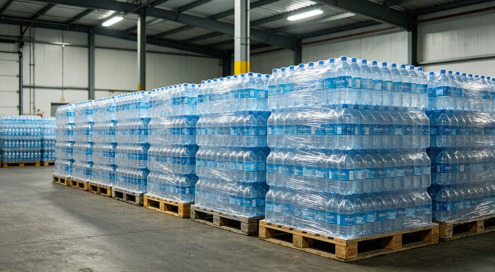 Pallets of bottled drinking water stacked in warehouse for bulk flood supplies