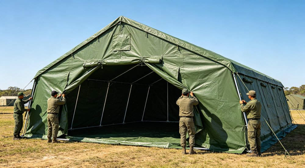 Workers setting up large frame emergency tent with metal poles, 45 minute setup, green grass, blue sky red and white inflatable emergency shelter for disaster relief operations