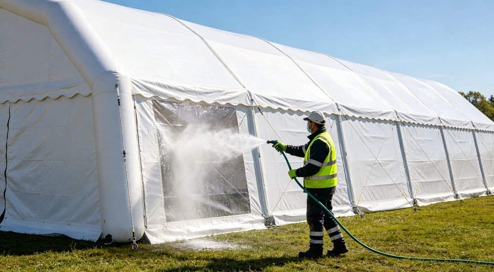 Inflatable tent cleaning after use, worker washing PVC fabric red and white inflatable emergency shelter for disaster relief operations red and white inflatable emergency tent for disaster relief operations