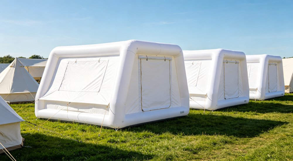 Inflatable tent camp with multiple red and white inflatable shelters, green grass, blue sky red and white inflatable emergency shelter for disaster relief operations