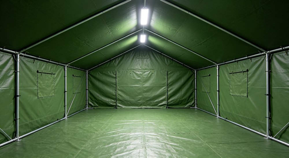 Frame tent interior showing poles obstructing space, bright lighting red and white inflatable emergency shelter for disaster relief operations red and white inflatable emergency tent for disaster relief operations