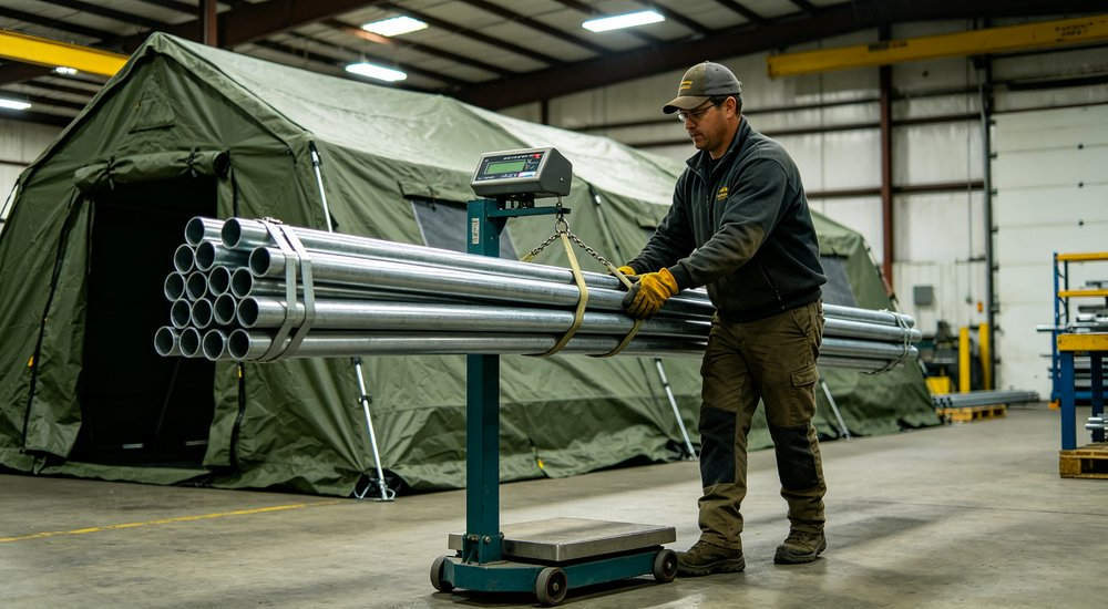 Frame tent weight showing workers carrying heavy poles, green grass red and white inflatable emergency shelter for disaster relief operations