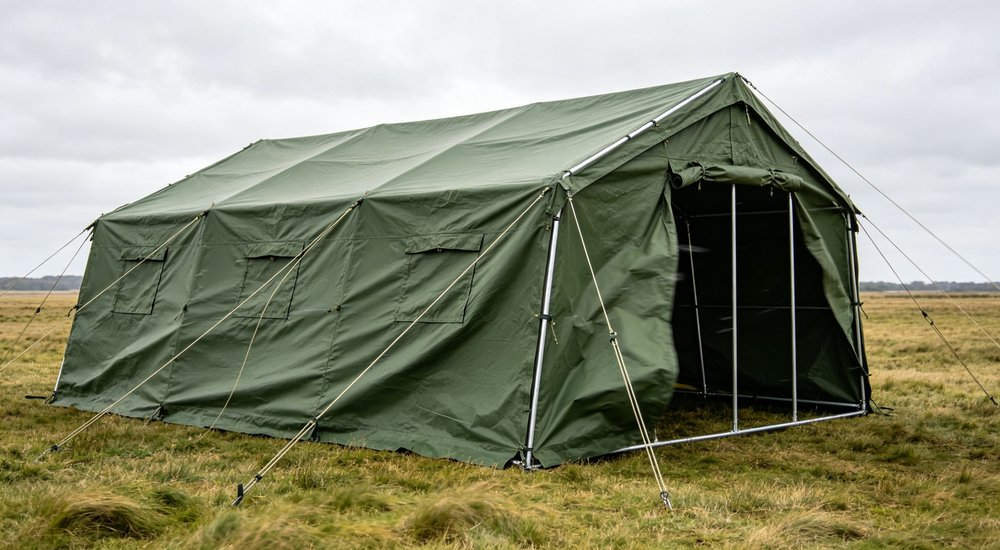 Frame tent in strong wind with structural poles, wind resistance, green grass red and white inflatable emergency shelter for disaster relief operations