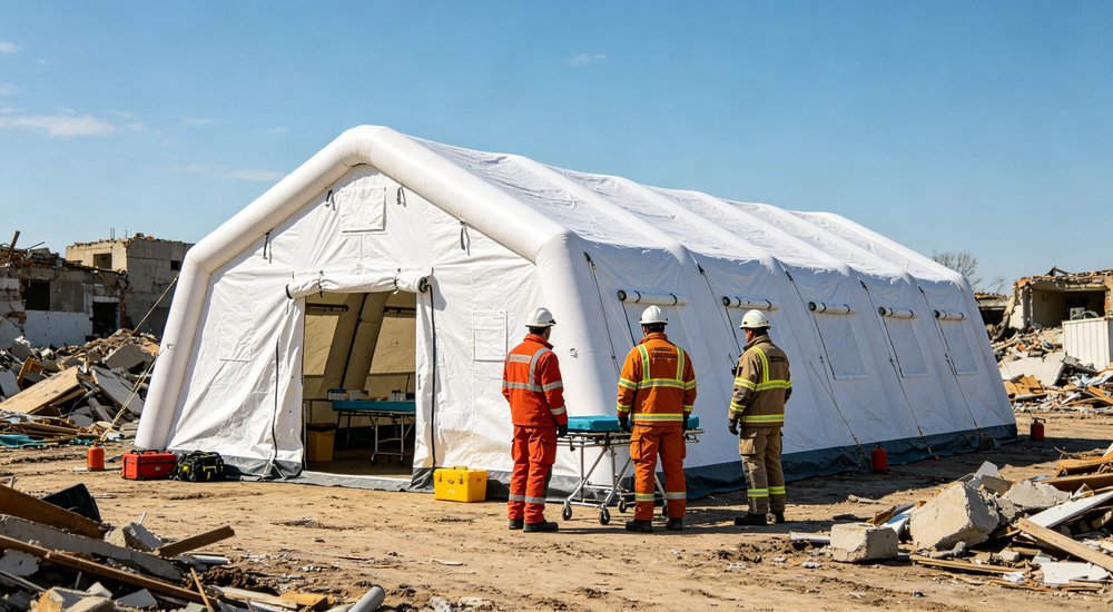 Inflatable tent rapid deployment for emergency response, workers, green grass red and white inflatable emergency shelter for disaster relief operations
