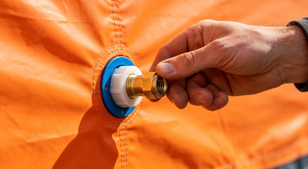 Worker operating inflation valve on air beam tent, green grass red and white inflatable emergency shelter for disaster relief operations
