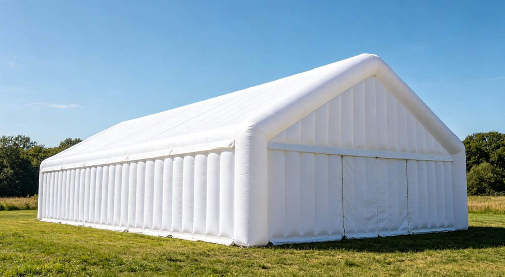 Long term air retention after 30 days, structural integrity, green grass red and white inflatable emergency shelter for disaster relief operations