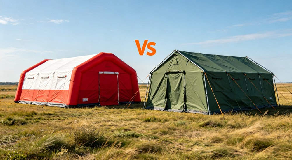 Wind resistance comparison of air beam vs frame tent, side by side, windy conditions red and white inflatable emergency shelter for disaster relief operations