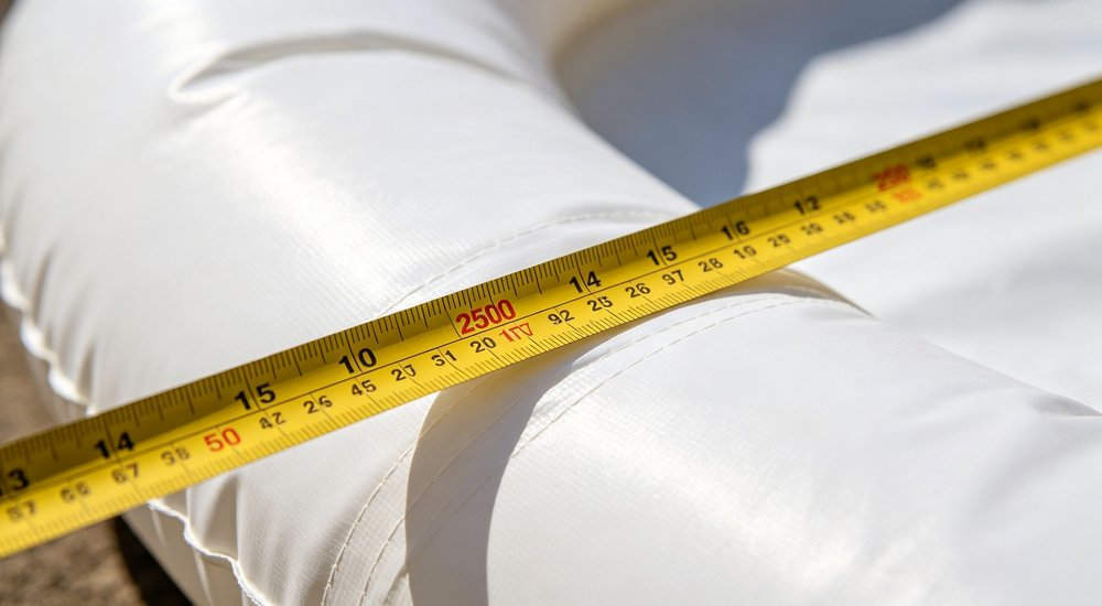 Diameter measurement of air beam with caliper, quality control, factory manufacturing facility producing quality emergency shelter products red and white inflatable emergency tent for disaster relief operations