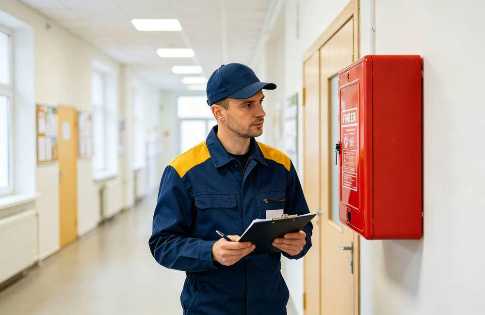 Maintenance worker doing monthly fire blanket safety inspection with checklist at community shelter for maintenance program today Maintenance worker doing monthly fire blanket safety inspection with checklist at community shelter for maintenance program today